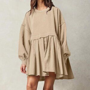 Khaki Long Sleeve Sweatshirt Dress With Pleated Skirt